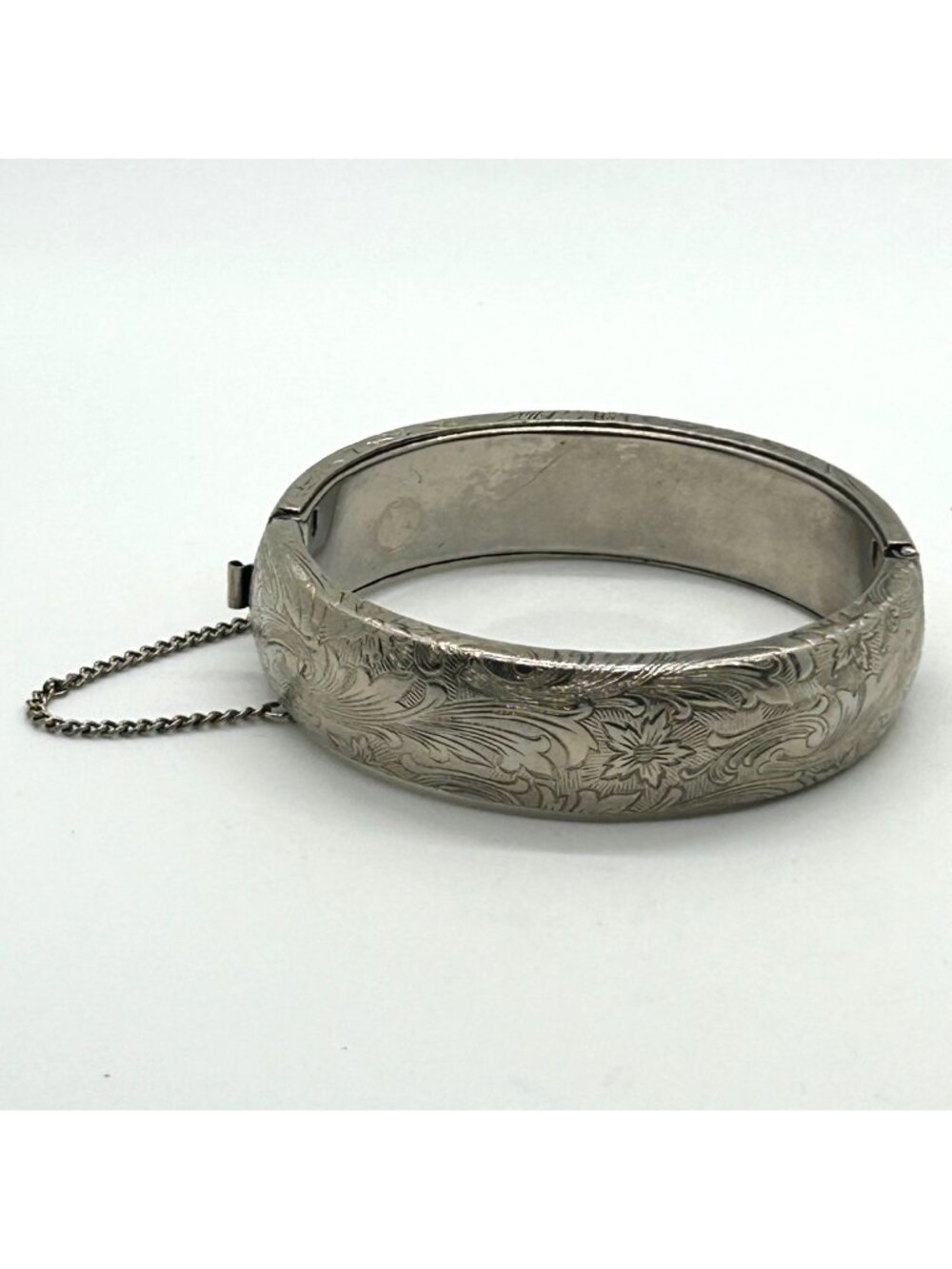 Vintage Silver Tone Floral Engraved Bangle Bracelet Hinged Design Safety Chain